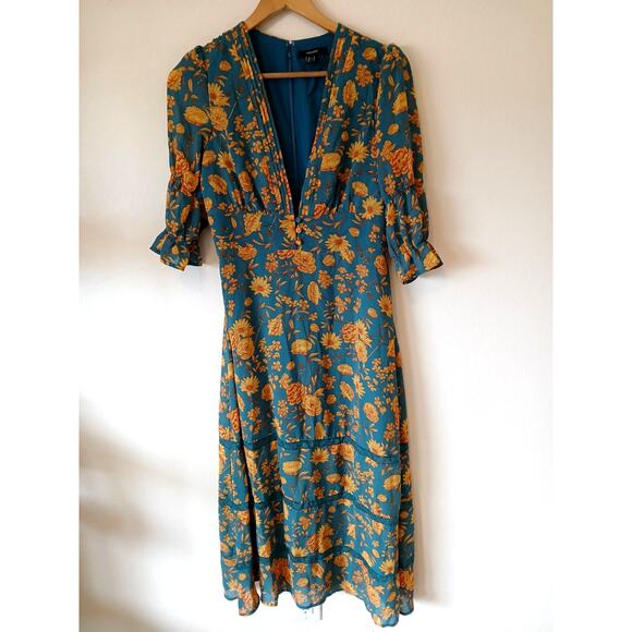 Forever 21 Prairie Floral Deep V sundress Blue and Yellow - Picture 1 of 6